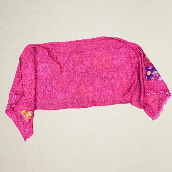 Pink floral scarf with pom pom trim, bohemian hippie retro boho chic Y2K groovy - Picture 5 of 9